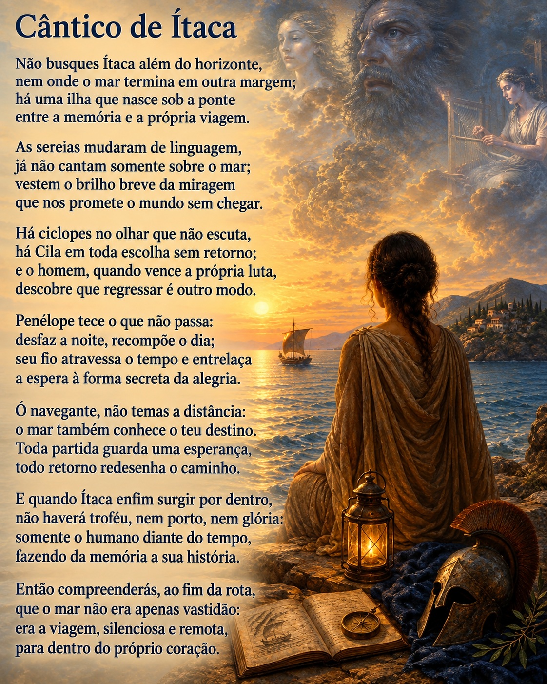 Mulher de costas em traje grego antigo observa o mar ao pôr do sol, segurando uma lamparina. Ao fundo, um barco navega em direção a uma ilha montanhosa. Elementos da mitologia grega aparecem entre as nuvens: o rosto de um ciclope, sereias e Penélope tecendo. Em primeiro plano, um elmo dourado e um livro aberto. À esquerda, o poema "Cântico de Ítaca" está escrito em texto escuro sobre fundo claro.