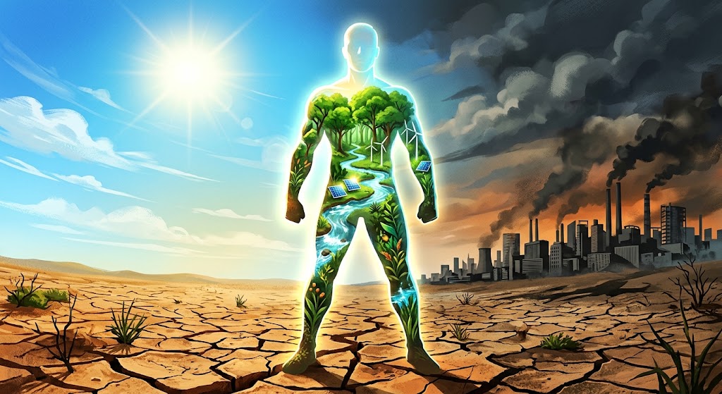 Uma arte digital conceitual mostrando a silhueta translúcida de uma pessoa cheia de florestas e água limpa em seu interior, sobreposta a um cenário de terra seca, representando o ensaio 'O Capital Humano'.