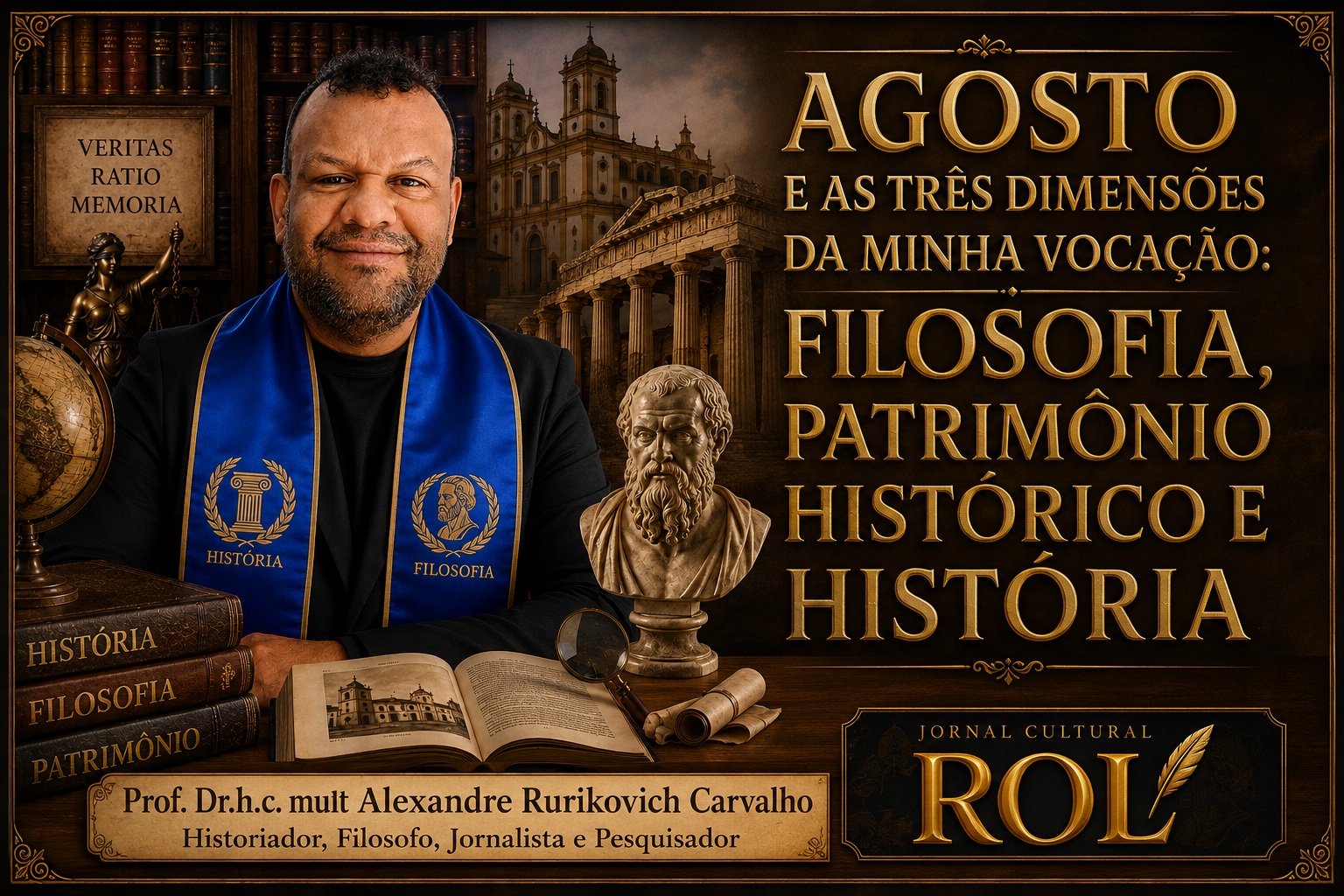 Banner digital do Jornal Cultural ROL em tons de dourado e marrom. À esquerda, foto do Prof. Dr.h.c. mult Alexandre Rurikovich Carvalho sorrindo, vestindo terno e estolas acadêmicas azuis de História e Filosofia. À sua frente, há livros antigos empilhados, um livro aberto com gravuras e um busto de Sócrates. O fundo combina elementos clássicos: uma biblioteca, a estátua da Justiça e uma igreja barroca. À direita, destaca-se o título em letras garrafais douradas: "AGOSTO e as três dimensões da minha vocação: FILOSOFIA, PATRIMÔNIO HISTÓRICO E HISTÓRIA". No canto inferior direito, o logotipo dourado do Jornal Cultural ROL.