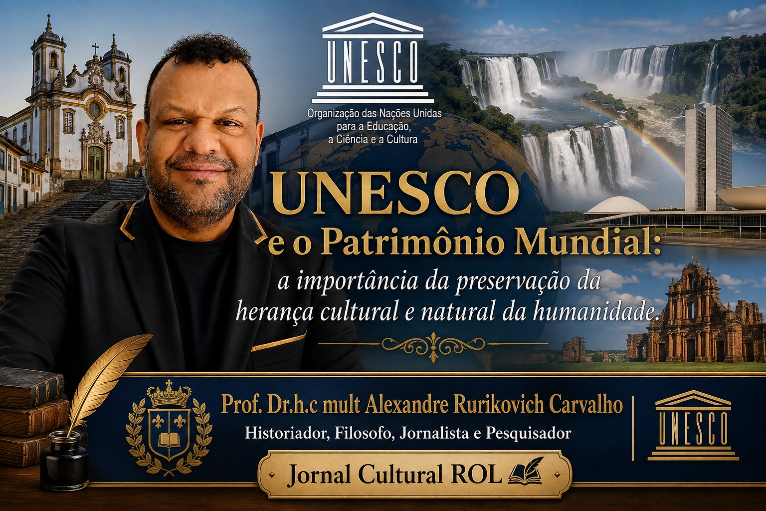 A capa ilustra uma reflexão sobre a atuação da UNESCO e a importância da preservação do Patrimônio Mundial como legado histórico, cultural e natural da humanidade. Na parte inferior, destacam-se a identificação do autor e a identidade editorial do Jornal Cultural ROL. Imagem criada por IA.