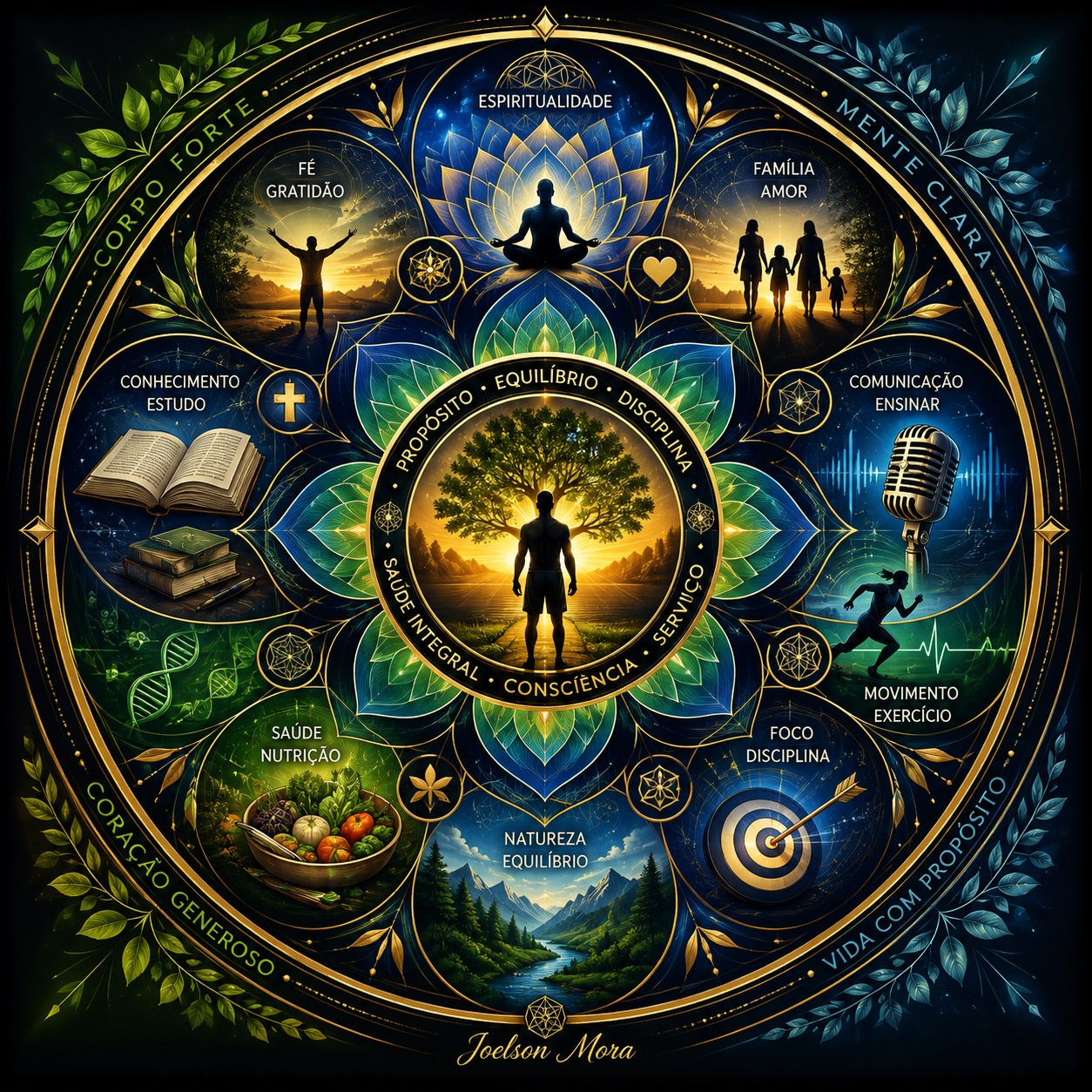 Infográfico em formato de mandala intitulado Roda da Vida, com elementos de desenvolvimento pessoal, espiritualidade, saúde, família e foco, em tons de dourado, azul e verde.