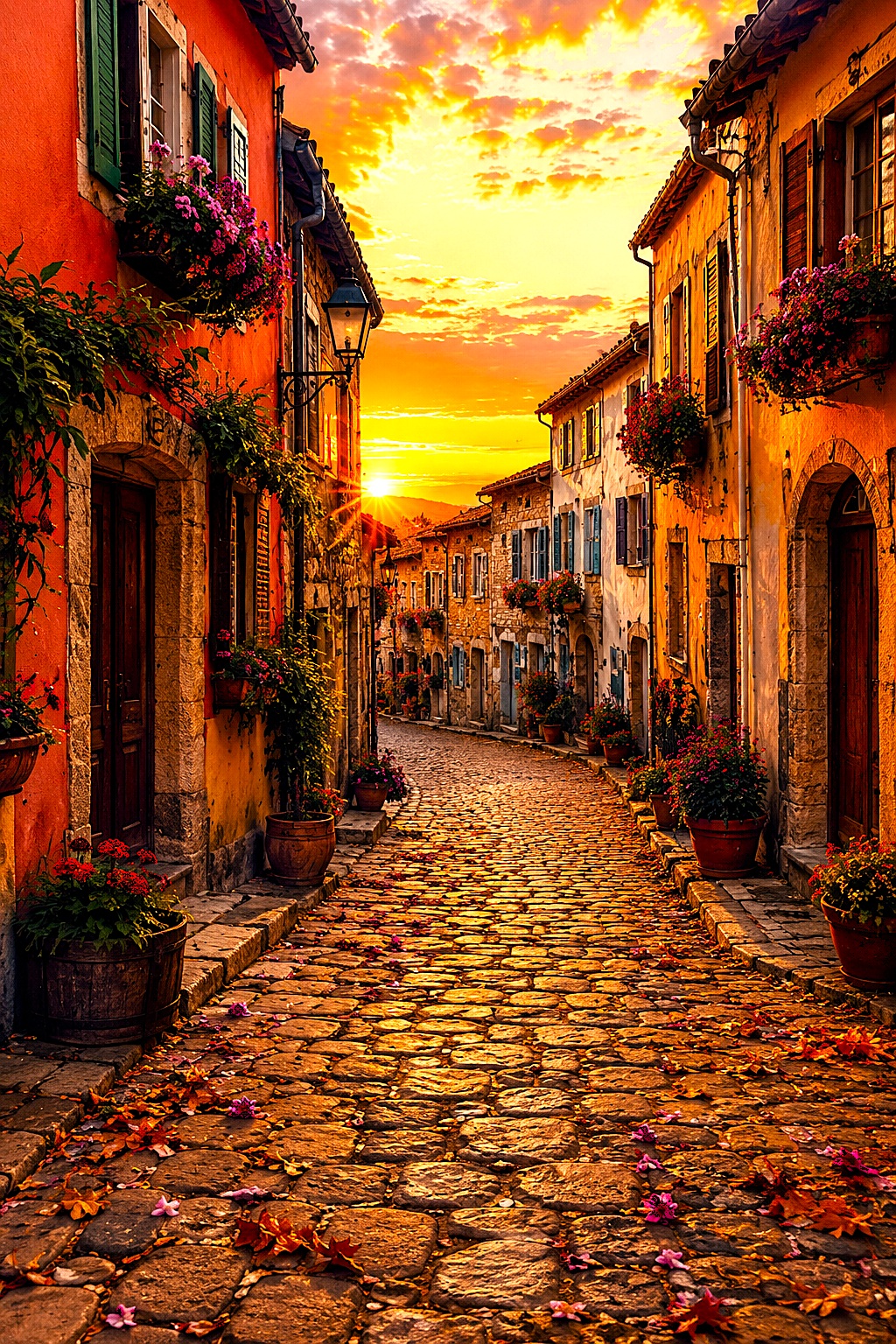 Uma charmosa rua de paralelepípedos em uma vila europeia antiga durante o pôr do sol. As casas rústicas de pedra e fachadas coloridas em tons de terracota e laranja ladeiam a rua estreita e sinuosa. Vasos de flores vermelhas e cor-de-rosa decoram as calçadas e janelas. O chão está salpicado de folhas secas e pétalas caídas. Ao fundo, o sol brilha intensamente no horizonte, banhando todo o cenário com uma luz dourada e calorosa sob um céu com nuvens iluminadas.