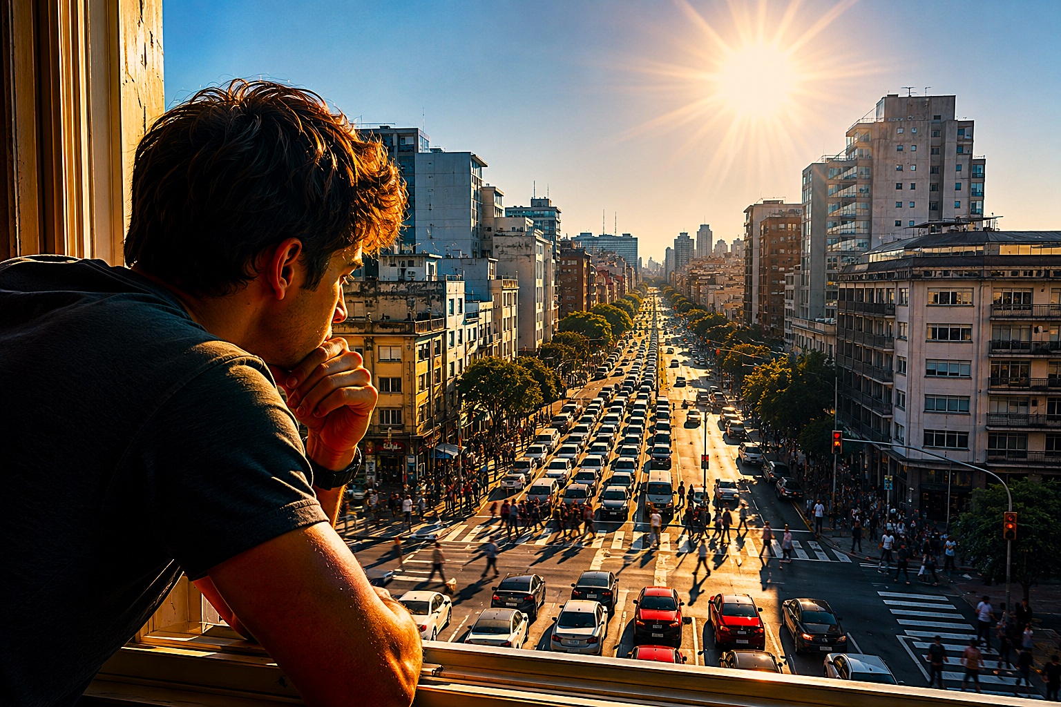 Homem pensativo na janela de um apartamento observa o trânsito intenso de carros e pedestres na avenida sob um sol escaldante, ilustrando o conto Um dia na vida real de Evani Rocha.