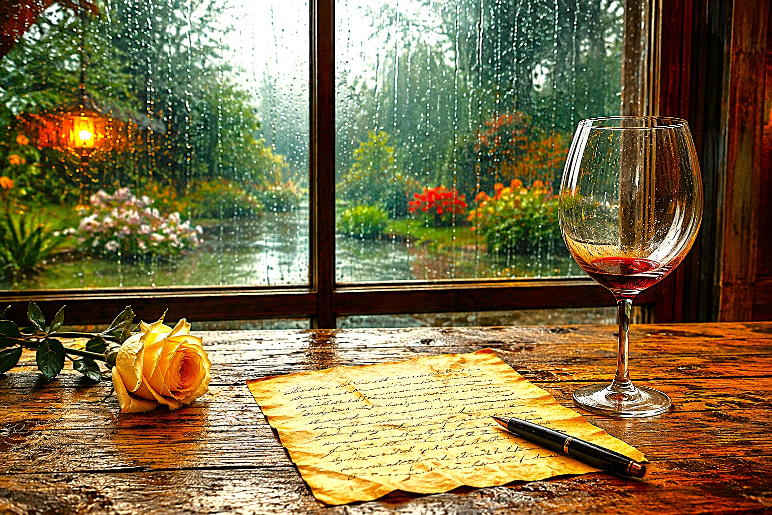 "Mesa de madeira com uma rosa amarela, uma carta escrita à mão com caneta e uma taça com vinho, diante de uma janela molhada pela chuva com vista para um jardim."