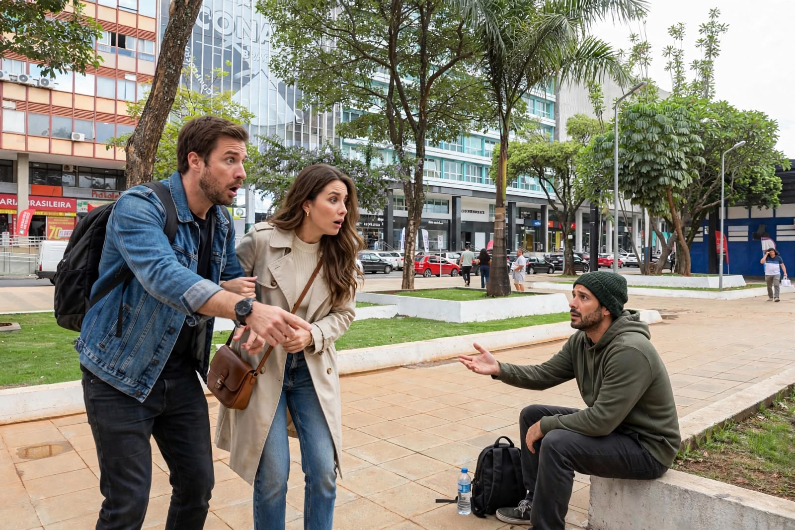 Um homem de jaqueta jeans e uma mulher de sobretudo bege apontam espantados em uma praça, enquanto um homem sentado no canteiro gesticula em dúvida.