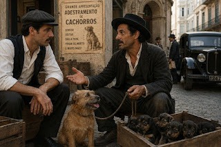 Imagem ambientada nos anos 1920 mostrando dois homens conversando em uma rua de paralelepípedos com um carro antigo ao fundo. À esquerda, um homem jovem de boina e colete escuro ouve atentamente. À direita, um homem de chapéu preto gesticula enquanto segura a guia de um cãozinho vira-lata marrom claro sentado ao seu lado. Entre eles, no chão, há uma caixa de madeira cheia de pequenos filhotes pretos. Ao fundo, um cartaz envelhecido na parede traz o texto: "Grande Apresentação - Adestramento de Cachorros".