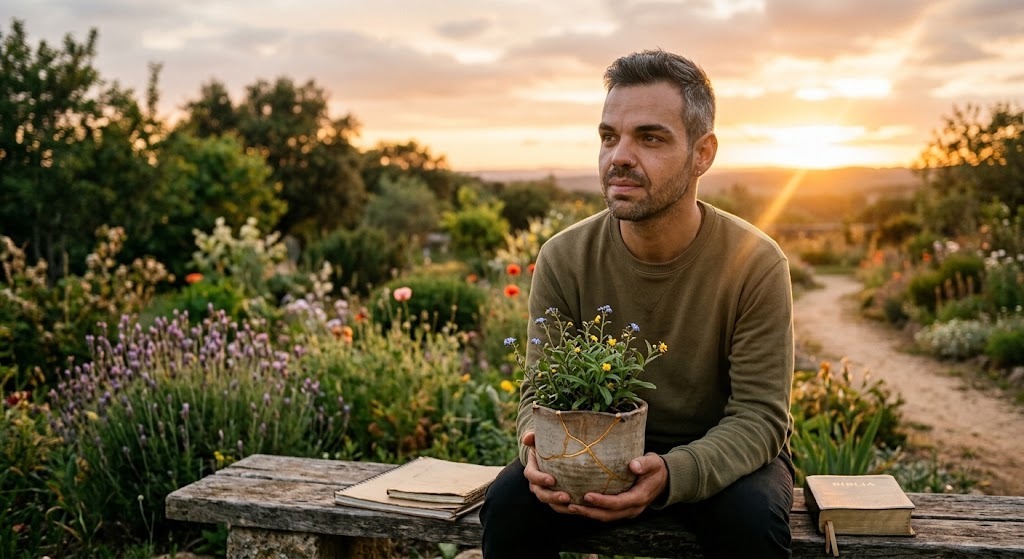 Fotografia em ambiente externo com iluminação calorosa de pôr do sol. Um homem de pele clara, cabelos curtos grisalhos nas laterais, barba aparada e um pequeno piercing no nariz está sentado em um banco de madeira rustico em um jardim repleto de flores e vegetação. Ele veste uma blusa de manga longa verde-oliva e segura com carinho um vaso de cerâmica restaurado com a técnica kintsugi, exibindo fendas douradas, de onde brotam pequenas flores delicadas. Ao seu lado no banco, há um caderno de anotações fechado e uma Bíblia. Ele olha serenamente para o horizonte, onde a luz do sol desponta no céu.