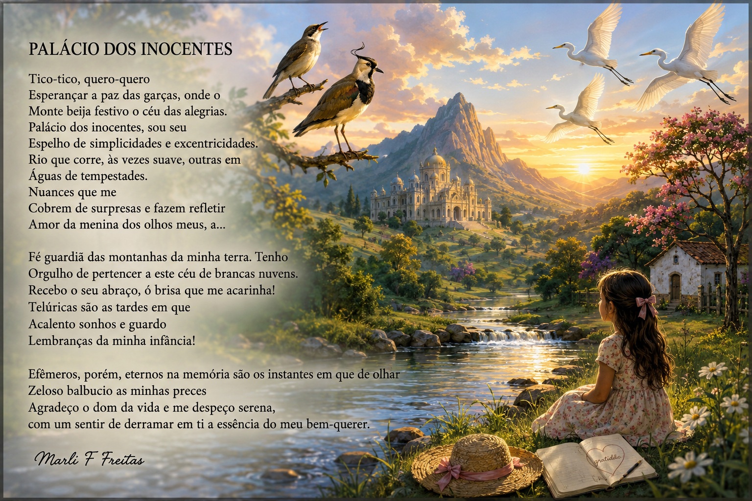 Arte digital em estilo poético. À esquerda, sobre um fundo claro e translúcido, está o poema "PALÁCIO DOS INOCENTES", de Marli F. Freitas, em letras pretas, ocupando aproximadamente metade da imagem. À direita, uma paisagem idílica ao pôr do sol mostra um amplo vale verde atravessado por um rio de águas calmas. Ao centro, ergue-se um majestoso palácio branco aos pés de uma imponente montanha iluminada pela luz dourada. No céu, quatro garças voam em formação, enquanto, em primeiro plano, dois pássaros pousam em galhos. À margem do rio, uma menina de vestido florido, vista de costas, contempla a paisagem. Ao seu lado estão um chapéu de palha com fita rosa e um caderno aberto onde se lê a palavra "gratidão". À direita, uma pequena casa de campo cercada por árvores floridas completa a cena. A composição transmite serenidade, inocência, nostalgia e profunda conexão com a natureza, harmonizando-se com a temática contemplativa do poema.