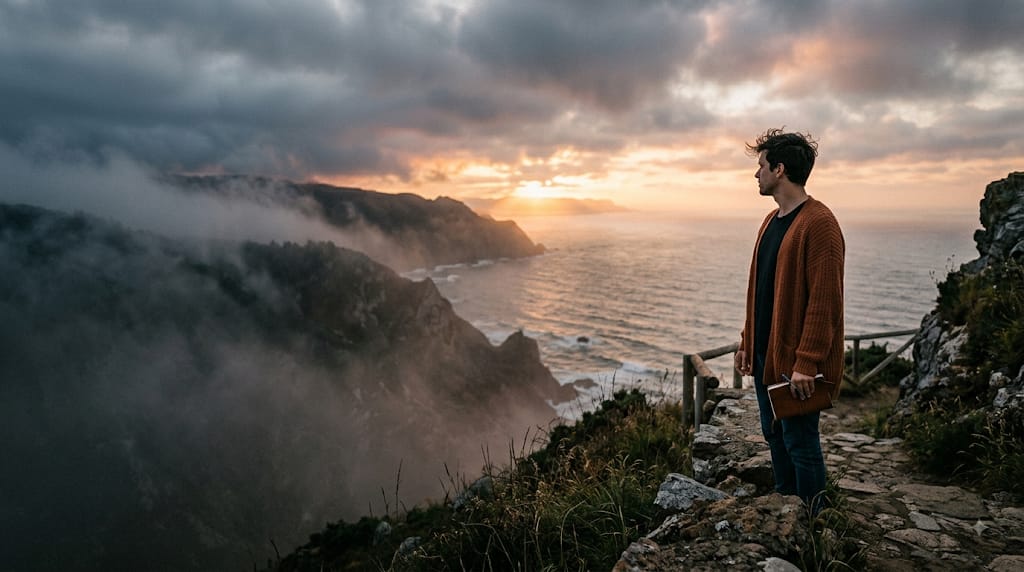 Homem em pé no topo de um penhasco à beira-mar ao pôr do sol, segurando um caderno e uma caneta enquanto contempla o oceano e as nuvens baixas.
