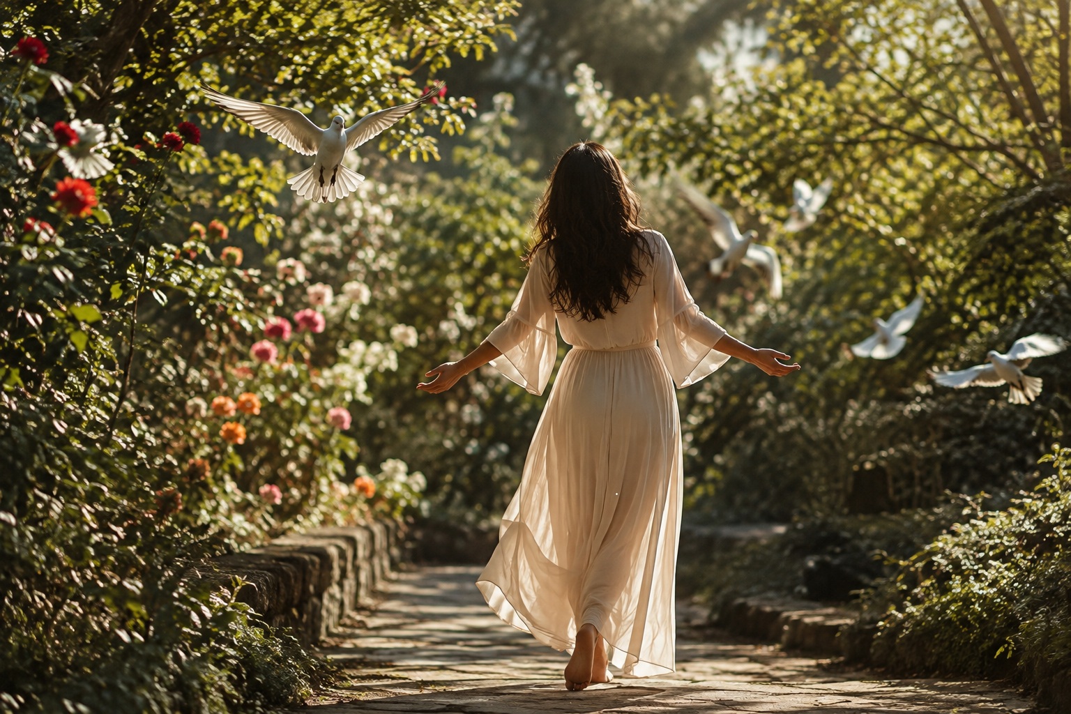 Mulher de costas usando vestido longo branco e caminhando descalça por um caminho de pedra em um jardim, cercada por pombas brancas voando.