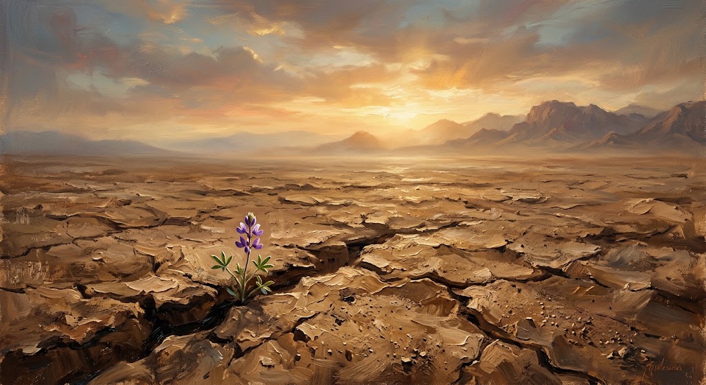 Pintura al óleo de un paisaje desértico y estéril con una pequeña flor silvestre naciendo de una grieta en la tierra seca bajo el sol poniente, que ilustra el poema 'Canción en la franja estéril' de Mario Antonio Rosa.