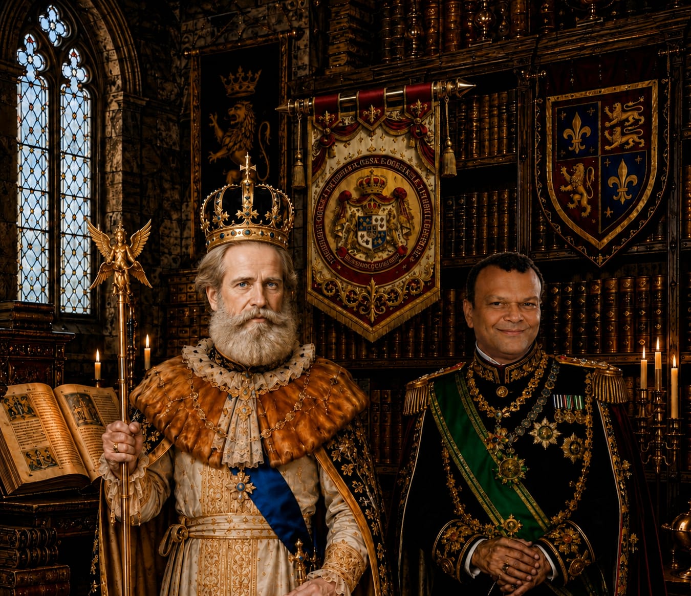 Retrato de dois homens em trajes reais e militares, em uma biblioteca medieval luxuosa. À esquerda, um monarca barbado usa coroa, manto dourado e faixa azul, segurando um cetro. À direita, Dom Alexandre veste uniforme militar preto com bordados dourados, faixa verde e diversas medalhas e condecorações. Ao fundo, há livros, estandartes heráldicos, vitrais e iluminação de velas.