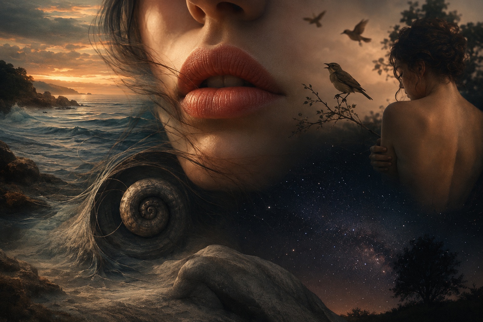 Arte digital surrealista em dupla exposição combinando o rosto de uma mulher, ondas do mar ao pôr do sol, concha em espiral e céu estrelado. composicao-surrealista-mulher-mar-concha