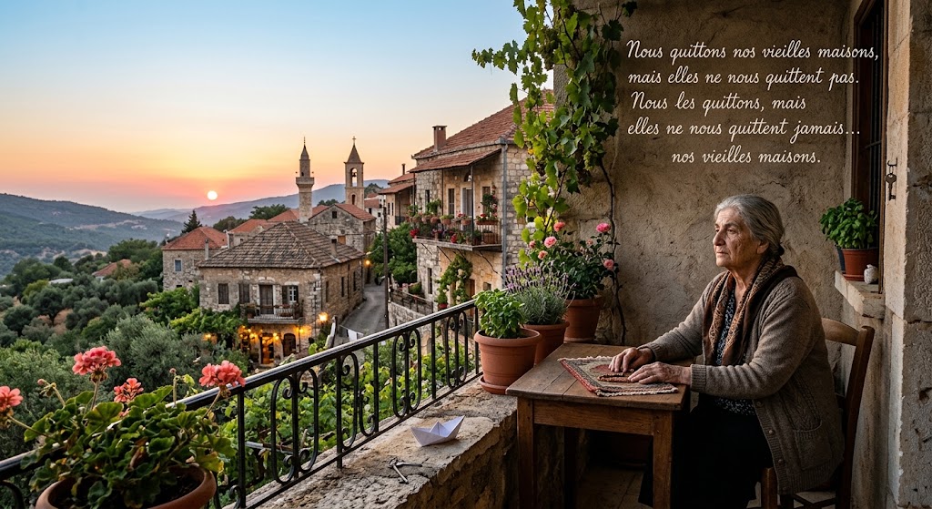 Une femme âgée assise à une table sur un balcon en pierre, regardant pensivement l'horizon. Le balcon est décoré de pots de plantes et de fleurs. En arrière-plan, on aperçoit un village historique aux maisons en pierre avec des toits rouges, des montagnes et le coucher du soleil. Dans le coin supérieur droit, il y a un texte en français écrit en cursive.