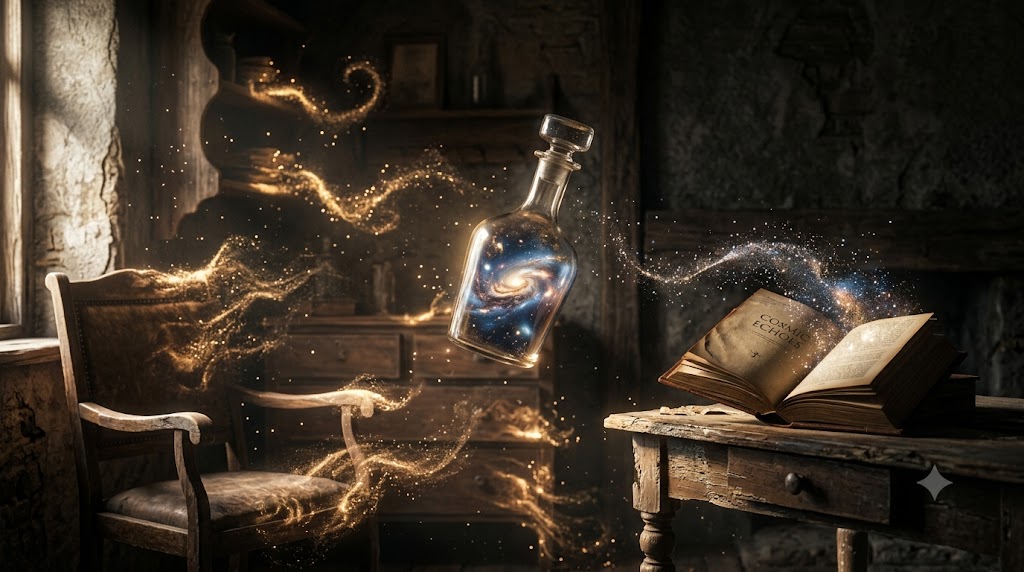 Fotografia conceitual surrealista e poética em proporção 16:9, ambientada em um quarto vintage escuro com iluminação em chiaroscuro dramático. À esquerda, uma cadeira de madeira e uma cômoda ao fundo parecem se dissolver suavemente em partículas e espirais de luz dourada reluzente. No centro, flutuando no ar, há uma garrafa de vidro transparente que contém uma tempestade cósmica miniatura com uma galáxia em espiral brilhante. À direita, sobre uma mesa de madeira envelhecida, um livro antigo aberto exala poeira estelar cintilante de suas páginas em direção ao centro. A atmosfera é misteriosa, íntima e mágica, com feixes de luz cortando a penumbra.