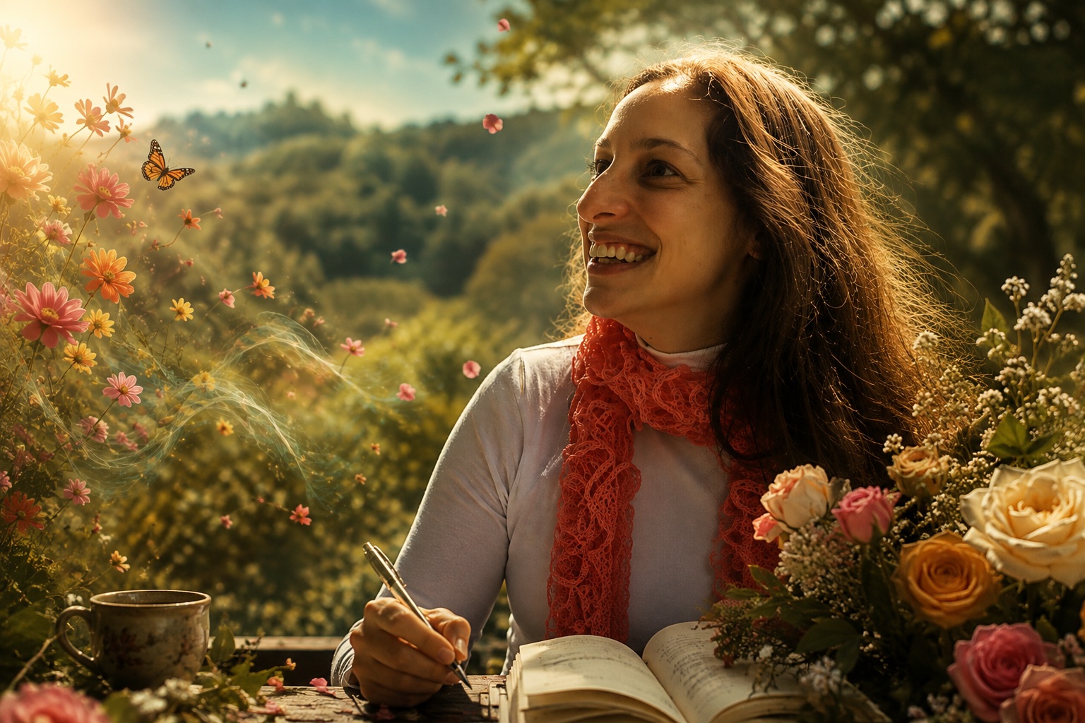 Poetisa sorridente, usando blusa branca e lenço coral, escreve em um caderno aberto diante de um jardim florido, cercada por rosas, flores e borboletas, sob a luz dourada do entardecer.
