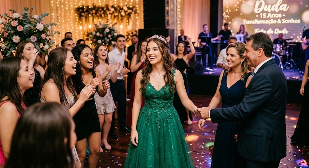 Fotografia de uma festa de debutante com iluminação aconchegante e luzes amarelas ao fundo. No centro, uma jovem sorridente vestindo um vestido de gala verde-esmeralda segura as mãos de seus pais. Ao redor do grupo principal, amigos e convidados sorriem e aplaudem com entusiasmo. No painel ao fundo, destaca-se a inscrição "Duda - 15 Anos - Transformação & Sonhos".