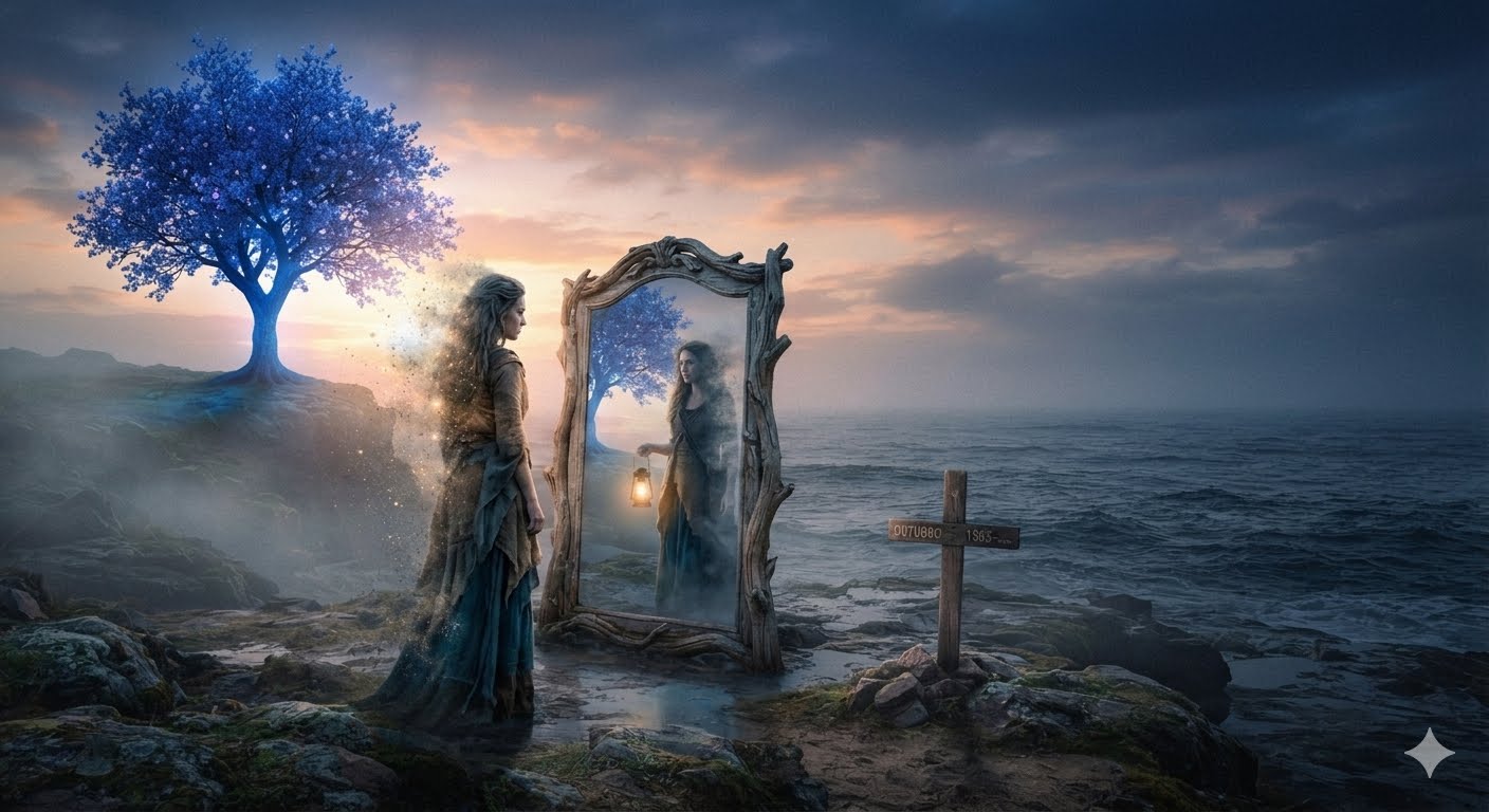 Imagem surrealista de uma mulher à beira de um penhasco rochoso durante o amanhecer, desintegrando-se em cinzas. Ela está de perfil diante de um grande espelho rústico que reflete sua própria imagem segurando uma lanterna acesa. À esquerda, destaca-se uma árvore brilhante em tons de azul e, à direita, uma pequena cruz de madeira fincada no chão, com um mar calmo e céu nublado ao fundo.