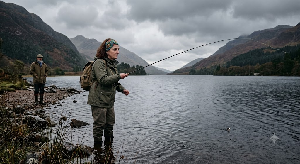 A poetic, editorial-style photograph of an inexperienced fly fisherman casting a line into a cold, quiet lake under gentle rain and wind, while a mentor observes silently from a distance.