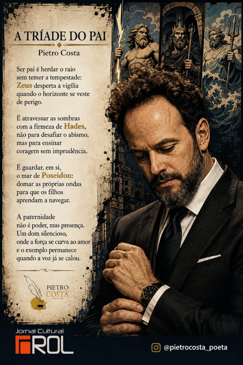 Imagem com o poema "A Tríade do Pai", de Pietro Costa. À direita, homem de terno escuro e barba ajusta as abotoaduras da camisa. Ao fundo, ilustrações dos deuses gregos Zeus, Hades e Poseidon. No rodapé, as marcas do Jornal Cultural ROL e o perfil @pietrocosta_poeta.