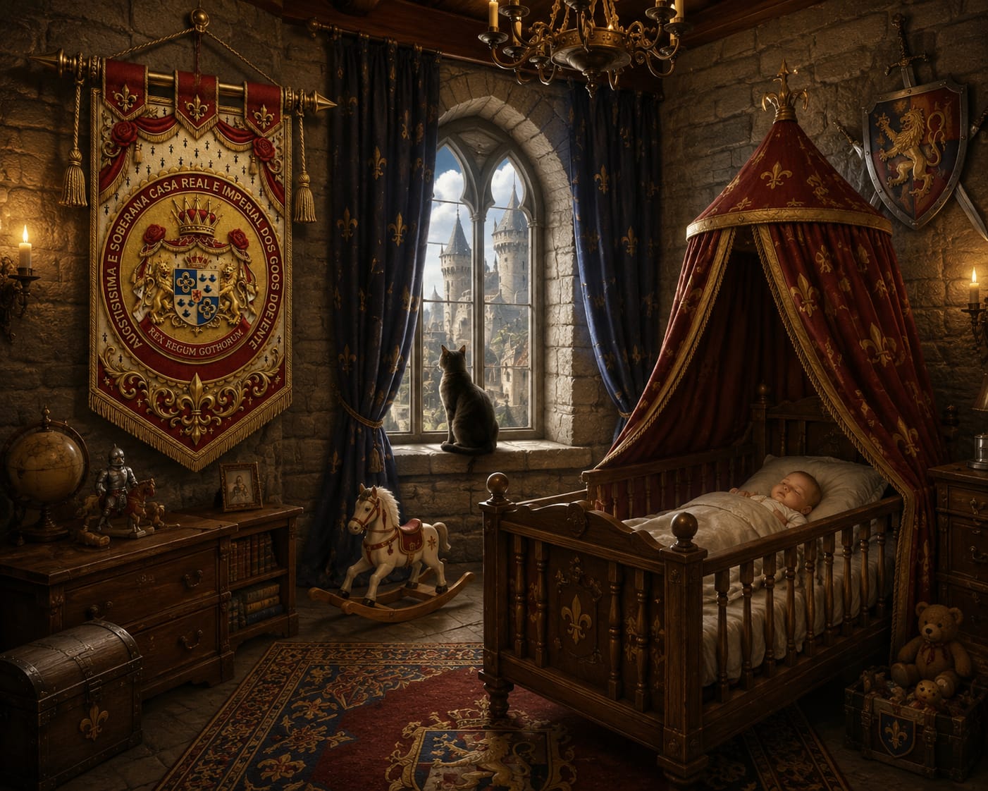 Pintura digital realista do interior de um quarto de bebê real em estilo medieval e majestoso. À direita, um recém-nascido dorme pacificamente em um berço de madeira escura com dossel de veludo vermelho e dourado. Ao centro, um gato cinza está sentado no parapeito de uma janela de pedra em arco, olhando para um castelo ao fundo. Na parede de pedra à esquerda, destaca-se um grande estandarte imperial vermelho e dourado com o brasão e a inscrição "Augustíssima e Soberana Casa Real e Imperial dos Godos do Oriente". O quarto é decorado com tapete detalhado, um cavalo de balanço de madeira e brinquedos antigos.