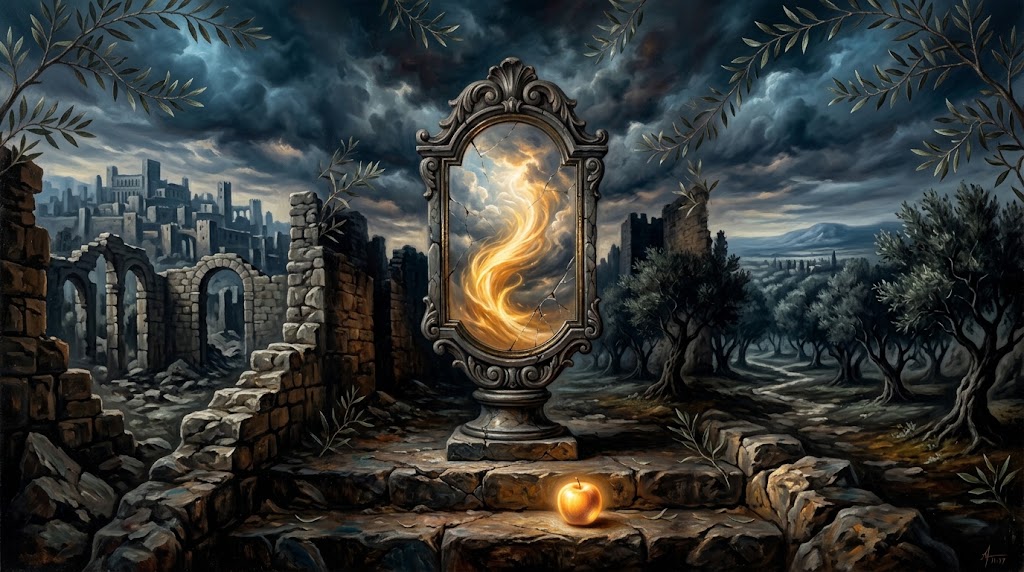 A conceptual oil painting of a cracked antique mirror reflecting a bright golden gust of wind against a stormy sky. The surrounding background shows dark stone ruins and shadows. On a stone step in the foreground, a single red apple rests near the faint silhouette of olive leaves, creating a dramatic contrast between light and deep shadow.