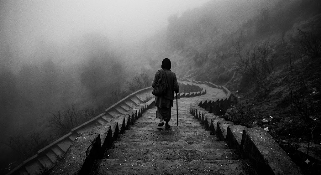 Grayscale photograph of a lonely person walking down an empty concrete staircase, conveying a sense of introspection, isolation, and detachment.