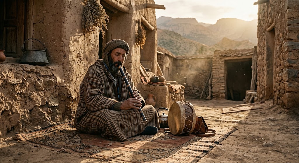 Fotografia realista de um músico beduíno argelino tocando a flauta tradicional Qasba em um pátio iluminado pelo sol, ilustrando o artigo sobre a poesia popular Malhoun de Mohamed Rahal.