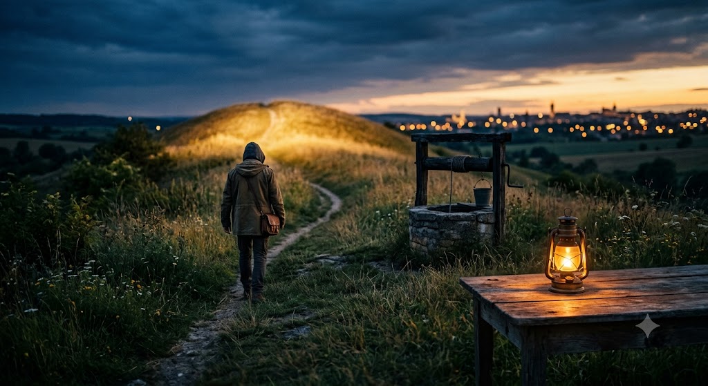 "Fotografía artística y poética que muestra un camino de hierba iluminado por el crepúsculo, una lámpara de aceite encendida en primer plano y la silueta lejana de una ciudad bajo un cielo estrellado y nostálgico."