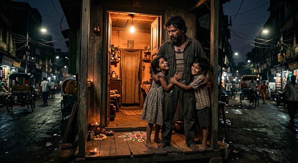 An angry man experiences a sudden change of heart as he receives a warm embrace from his loving children at the doorstep of their home.