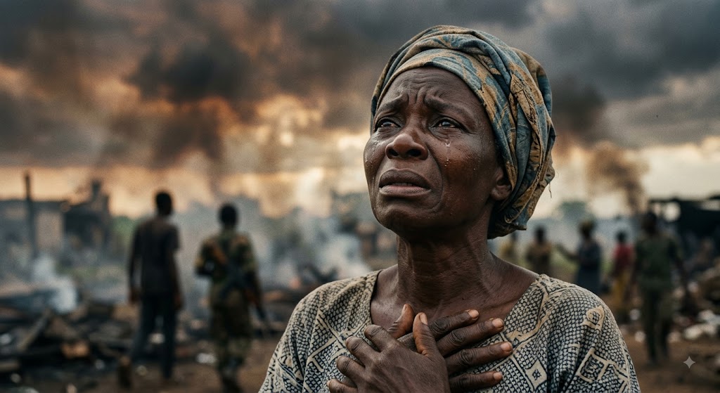 Fotografia artística de uma mãe africana expressando profunda tristeza e choro. Ao fundo desfocado, silhuetas de jovens em um cenário de conflito sob um céu cinzento de tempestade.