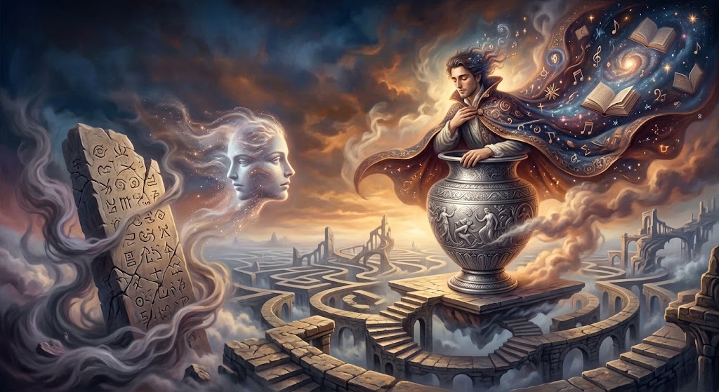 Uma ilustração surrealista e onírica mostrando um homem emergindo de um grande vaso de prata gravado, posicionado no centro de um labirinto de pedra ao amanhecer. Ele veste um manto escuro que se transforma em um céu noturno com livros flutuantes e galáxias. À esquerda, um rosto translúcido levita em meio à névoa perto de uma estela de pedra antiga esculpida com símbolos misteriosos.