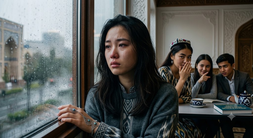 A sad young woman looking out a rainy window while another girl whispers in the blurred background, symbolizing betrayal and broken friendship
