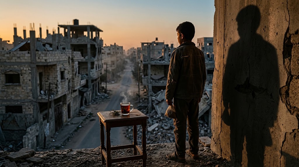 “Menino palestino de 13 anos, visto de costas diante de uma paisagem urbana devastada, envolvido pela própria sombra, com um copo de chá e tomilho ao lado, simbolizando trauma, memória, infância perdida e sobrevivência.”