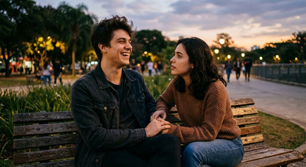 Fotografia de dois jovens sentados juntos em um banco de madeira em um parque urbano ao entardecer. À esquerda, um rapaz com jaqueta jeans escura e cabelos castanhos levemente bagunçados sorri abertamente enquanto segura a mão da companheira. À direita, uma jovem mulher com cabelos castanhos ondulados e vestindo um suéter de tricot marrom se inclina em sua direção, sorrindo diretamente para ele. Ao fundo, o parque exibe vegetação, postes de iluminação acesos e pessoas caminhando sob um céu suave de fim de tarde.