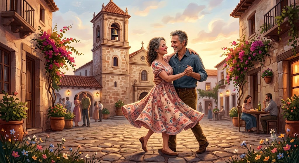 Una pareja mayor de aspecto feliz baila en la plaza de un pueblo pintoresco y soleado. El hombre lleva una bufanda roja y la mujer un vestido floral, y están rodeados de edificios de estuco con tejados de terracota,