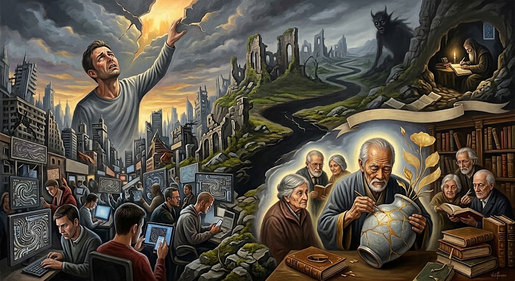Pintura digital conceitual dividida em dois lados: à esquerda, pessoas alienadas diante de telas de computador e celulares em uma cidade caótica; à direita, um grupo de idosos em uma biblioteca iluminada, com um homem central consertando um vaso quebrado com ouro (técnica kintsugi), ilustrando a dignidade humana através da literatura.