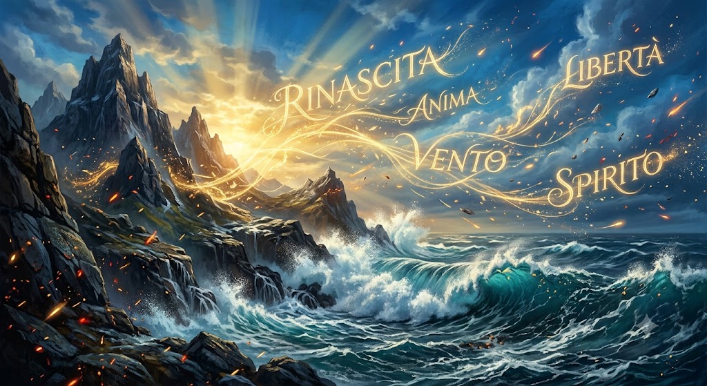 Arte surrealista e mágica onde picos rochosos e um mar revolto se encontram. Raios de sol dourados formam filamentos de luz no céu com palavras em caligrafia delicada. Faíscas brilhantes e cenoura flutuam no ar sob tons de azul e dourado.