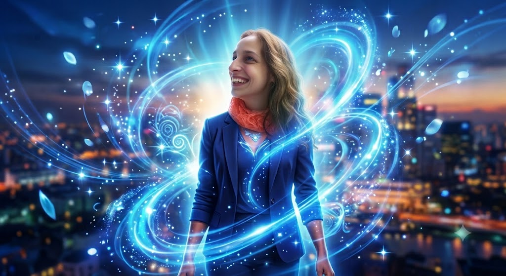 Arte digital em tom inspirador e celebrativo. Em destaque, a autora do poema, uma mulher sorridente com cabelos castanhos ondulados até os ombros e um cachecol coral no pescoço, veste um terno azul-marinho elegante. Ela está posicionada ao centro, olhando para cima e para o lado com uma expressão alegre e confiante. Ao seu redor, há uma aura luminosa azul-celeste com espirais de luz brilhante, partículas cintilantes e pequenas pétalas flutuando pelo ar. Ao fundo, vê-se a silhueta desfocada de uma cidade moderna iluminada durante o crepúsculo.