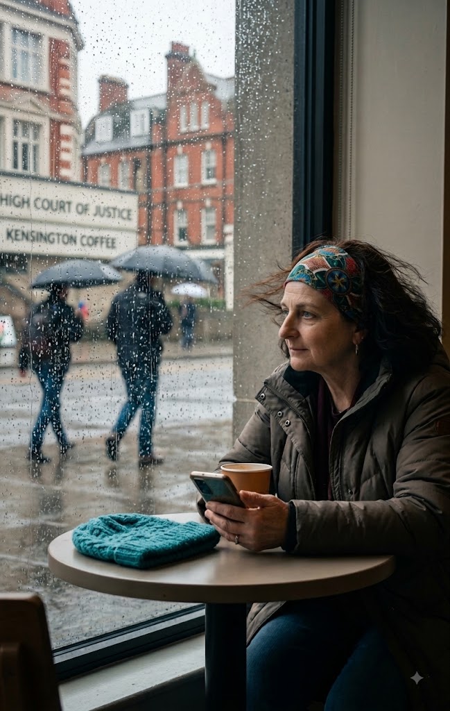 A Woman sitting inside a cozy cafe looking out through a rainy window with blurred raindrops and city reflections outside.