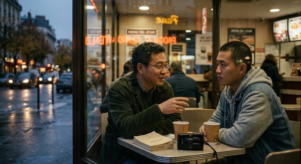 Fotografia no estilo analógico vista através do vidro molhado de uma lanchonete em Paris. No interior, um professor e um jovem ex-aluno asiáticos conversam à mesa com um livro e uma câmera fotográfica entre eles ao anoitecer.