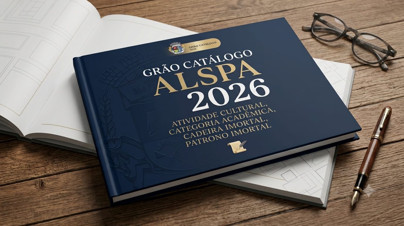 A imagem mostra a capa de um livro de capa dura azul-escura com detalhes em ouro. O título "GRÃO CATÁLOGO ALSPA 2026" está escrito em letras grandes e douradas no centro da capa. Abaixo do título, há o brasão da ALSPA e uma breve descrição do evento. A capa do livro é texturizada e tem uma lombada dourada. O livro está colocado sobre uma mesa de madeira rústica, ao lado de um caderno aberto com páginas em branco. Uma caneta e óculos de leitura também estão sobre a mesa. A luz natural ilumina a cena, realçando as texturas do livro e da madeira.