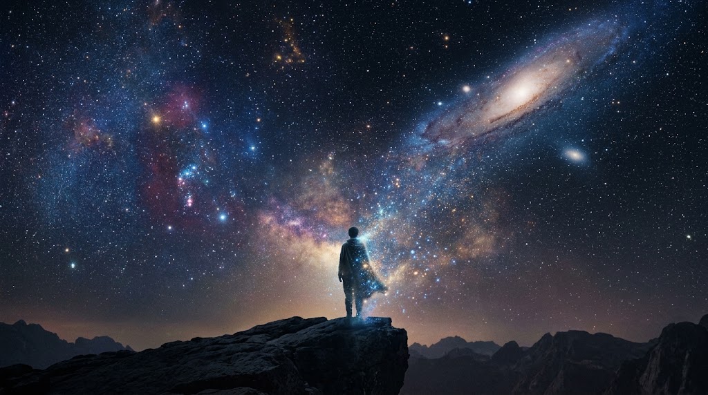 Figura solitária diante de uma paisagem cósmica em atmosfera de contemplação espiritual