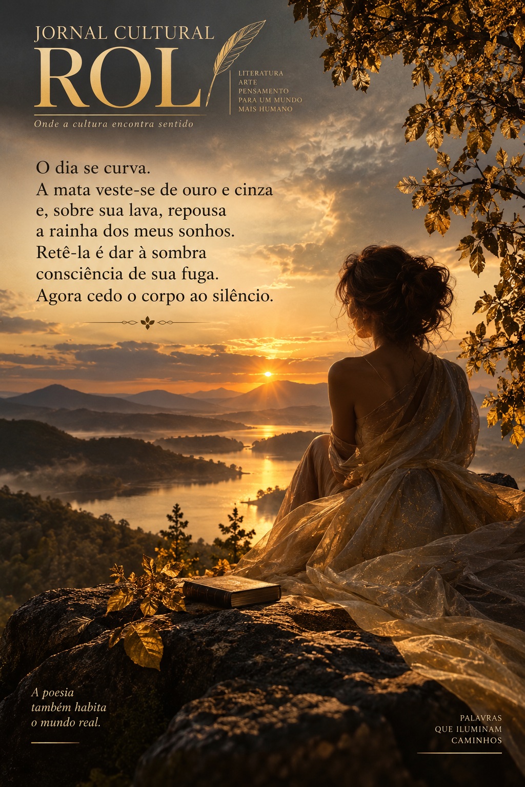 Fotografia artística de uma mulher de costas com um vestido dourado fluido, sentada no topo de uma montanha rochosa observando o pôr do sol sobre lagos e colinas. Há um livro antigo sobre a rocha ao seu lado. Na imagem, estão gravados os versos da quarta estrofe do poema de Ella Dominici e o logotipo do Jornal Cultural ROL.
