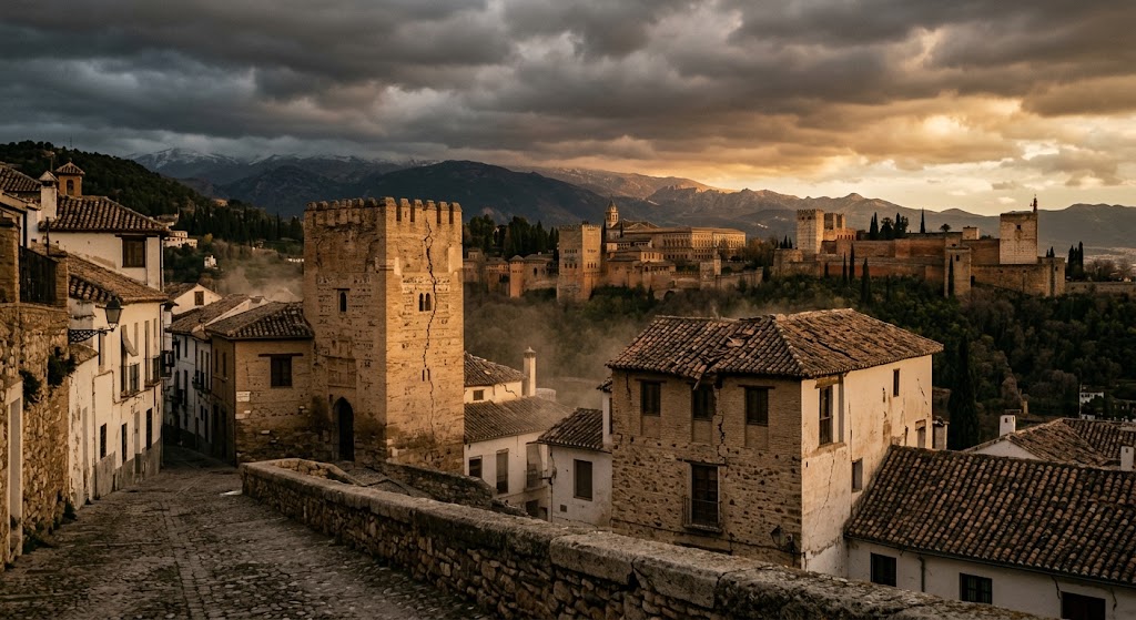 Fotografia em perspectiva cinematográfica da cidade histórica de Granada, Espanha, ao entardecer, sob um céu carregado de nuvens escuras onde a luz dourada do sol se esgueira. Em primeiro plano, uma rua de paralelepípedos e edificações em estilo granadino tradicional apresentam pequenas rachaduras sutis em suas paredes de pedra e gesso. Ao fundo, destacam-se as imponentes torres da Alhambra e a silhueta da Cordilheira Bética com picos suaves. Uma leve poeira e névoa pairam sobre o vale, transmitindo a sensação poética e dramática de um movimento sísmico recente, mantendo um tom elegante e reflexivo.