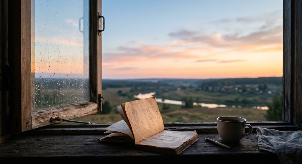 Fotografia poética de uma janela com gotas de chuva durante um amanhecer em tons de azul, laranja e rosa, com um calendário antigo sobre o parapeito.