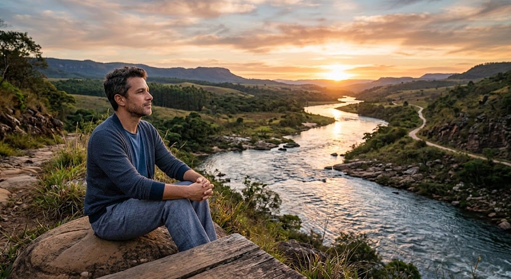 ​Homem sentado em uma pedra no topo de um morro ao pôr do sol, observando reflexivo um rio serpenteante que cruza o vale verdejante em direção ao horizonte iluminado.