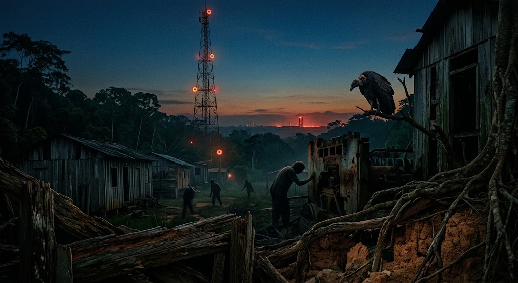 Fotografia cinemática e sombria de uma aldeia remota ao anoitecer sob um céu escuro em tom azul-petróleo. À esquerda e à direita, veem-se casas rústicas de madeira e ruínas desgastadas com raízes de árvores expostas na terra batida. Ao centro, silhuetas humanas sombrias caminham e interagem com máquinas velhas. Ao fundo, destaca-se uma alta torre de comunicação em treliça de metal com luzes vermelhas reluzentes no topo e ao longo de sua estrutura. No canto superior direito, um abutre corcunda está pousado em um galho seco, observando a cena. O horizonte distante exibe um brilho alaranjado e incandescente.