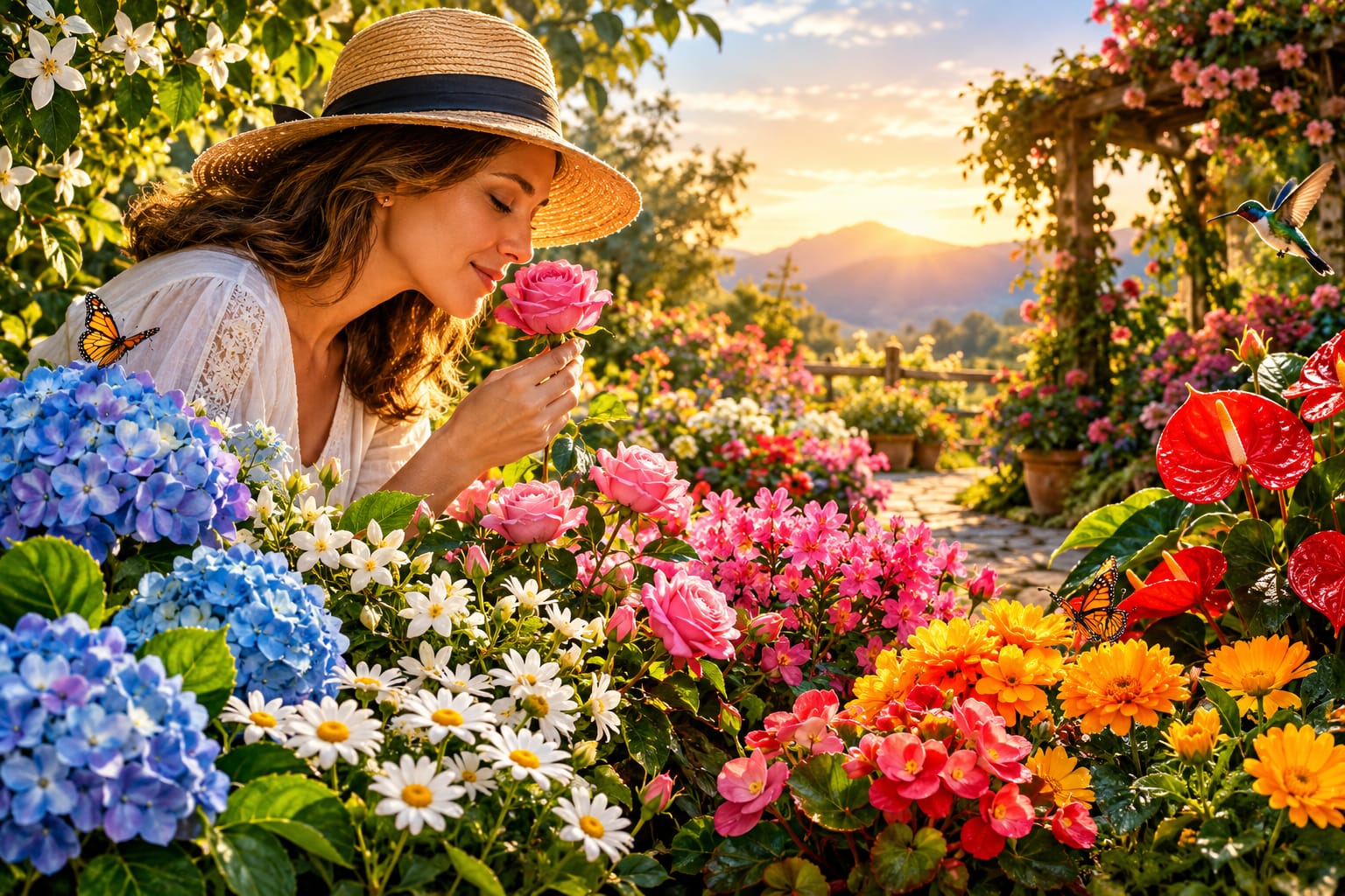 Uma mulher vestida de branco e com chapéu de palha está curvada a cheirar suavemente uma rosa cor-de-rosa no meio de um jardim vibrante. Em primeiro plano sobressaem hortênsias azuis, margaridas brancas, antúrios vermelhos e várias flores amarelas e cor-de-rosa. É visível uma borboleta nas flores e um beija-flor a voar no lado direito. Ao fundo, um caminho de pedra conduz a uma paisagem de montanhas iluminada pela luz dourada do pôr do sol.