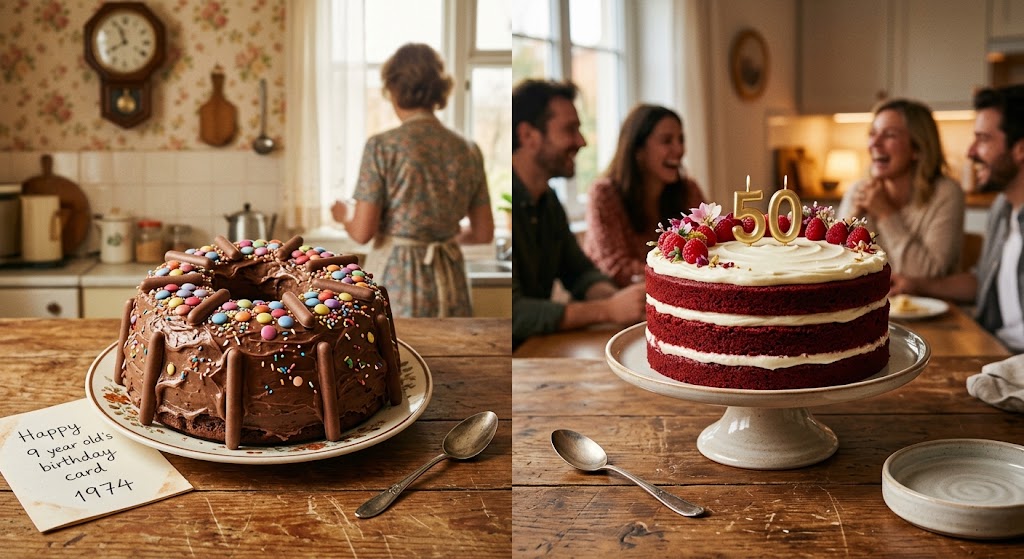 Uma imagem dividida lado a lado comparando dois momentos de celebração: Lado Esquerdo (Passado - 1974): Em uma cozinha aconchegante e vintage, um bolo de chocolate caseiro com um buraco no meio está decorado com confeitos coloridos, granulados e biscoitos palito de chocolate nas laterais e no topo. À esquerda do bolo, uma menina de 9 anos olha para ele com uma expressão de surpresa e puro encantamento. Ao fundo, uma mulher vestindo avental está de costas perto da pia. No canto inferior esquerdo, há um bilhete impresso onde se lê "Happy 9 year old's birthday card 1974". Lado Direito (Presente - 50 anos depois): Em uma sala de jantar moderna e iluminada, um sofisticado bolo Red Velvet de três camadas, perfeitamente confeitado com cobertura branca, amoras e um topo em formato de número "50", repousa sobre um prato alto de cerâmica. Ao fundo, amigos adultos aparecem sorrindo e conversando ao redor da mesa.